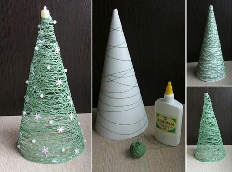 weihnachtsdeko selber basteln tannenbaum papier trichter schnur gruen