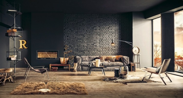 ziegelwand idee-schwarz-wohnzimmer-modern-metall-akzente-art-deco