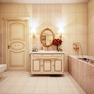 Badezimmer-beige-königlicher-Stil-vintage-Möbel