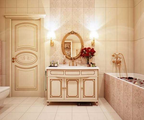 Badezimmer-beige-königlicher-Stil-vintage-Möbel