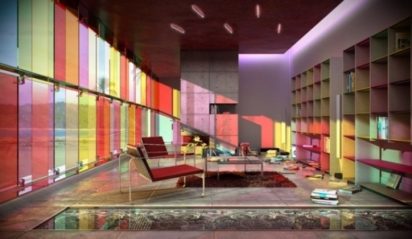 Ideen für Haus Bibliothek bunte glas fenster farbige bücherregale