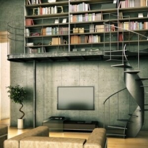 Ideen Haus-Bibliothek wendeltreppe wohnzimmer grau deko