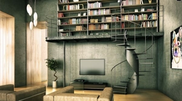 Ideen Haus-Bibliothek wendeltreppe wohnzimmer grau deko