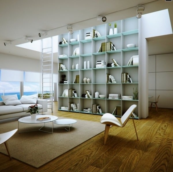 Ideen für Haus-Bibliothek wohnwand holzboden interieur minimalistisch