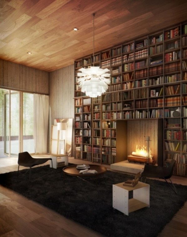 Ideen Bibliothek wohnzimmer holzboden teppich schwarz