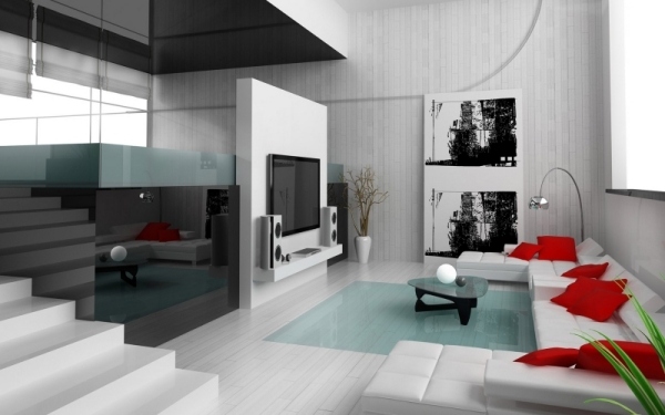 Ideen-weißes-Wohnzimmer-glaselemente-rote-kissen