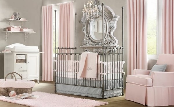 babyzimmer-gestalten-elegant-rosa-weiß-grau-mädchen
