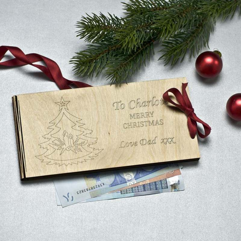 geldgeschenke zu weihnachten umschlag idee holz schnitzen euro schleife