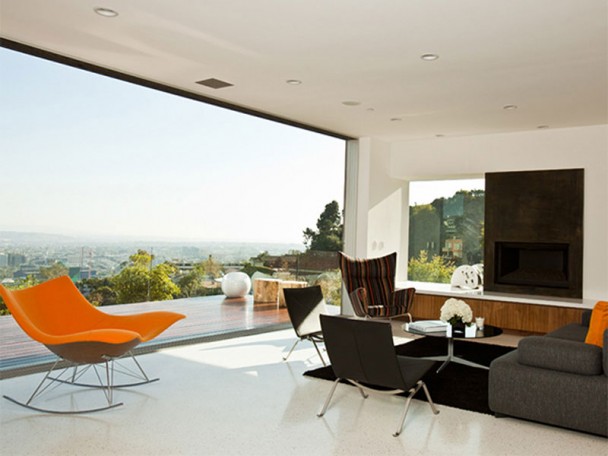 luxusvilla hollywood hills wohnzimmer kamin minimalistisch