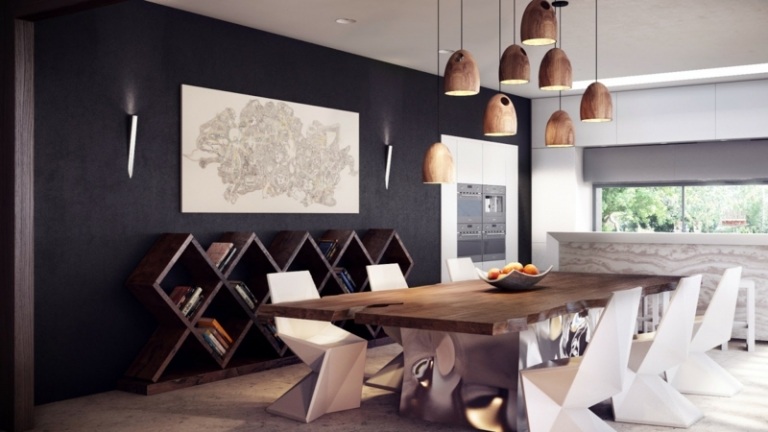 moderne esszimmermöbel futuristisch stuehle design holztisch regal