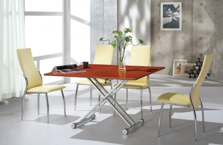 moderne esszimmermöbel holz tischplatte gelb leder stuehle chrom