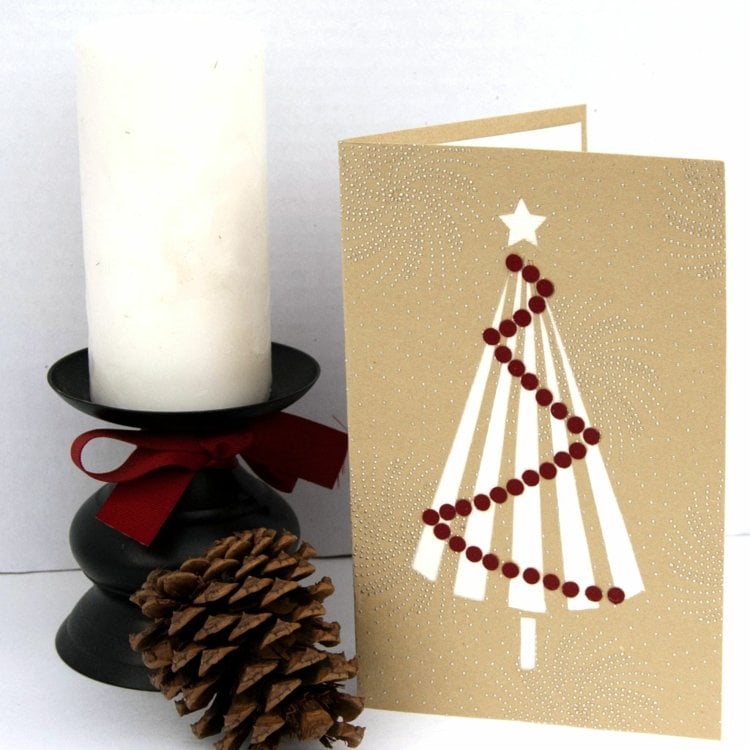 weihnachtskarten basteln papier material tannebaum streifen punkte girlande