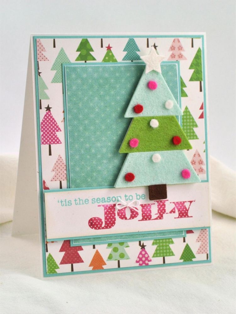 weihnachtskarten basteln tannenbaeume textil filz idee diy
