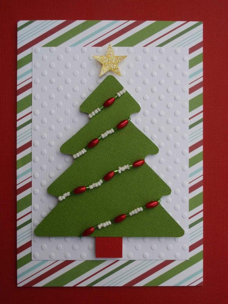 weihnachtskarten basteln tannenbaum perlen ketten idee rot gruen weiss