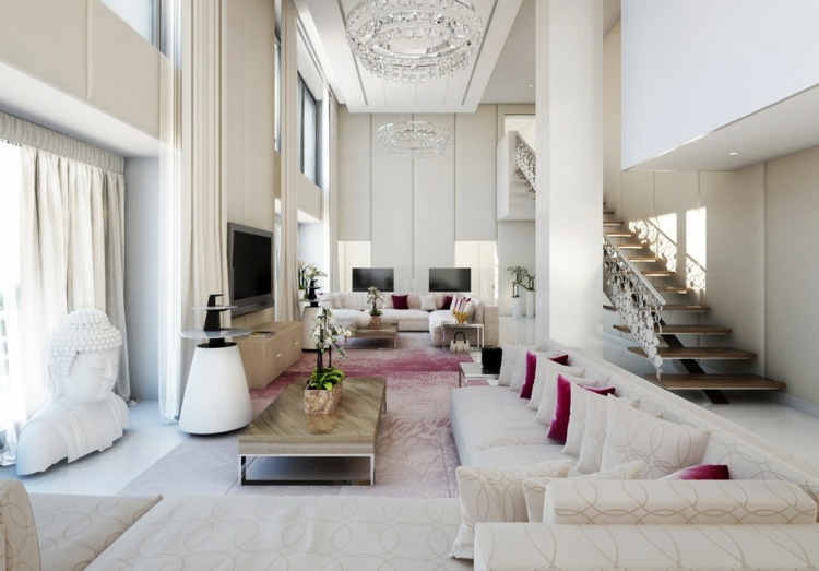 weiße wohnzimmer wohnideen elegant einrichtung purpur akzente beere treppe
