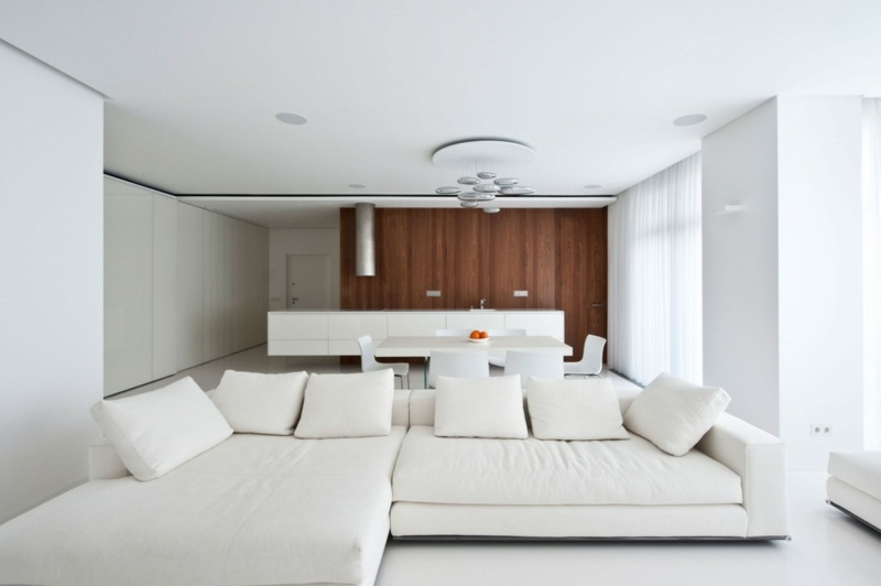weisses wohnzimmer couch kueche modern minimalistisch holz akzent