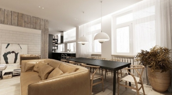 Wohnzimmer weiße Lampen schwarzer-Tisch beige-Sofa