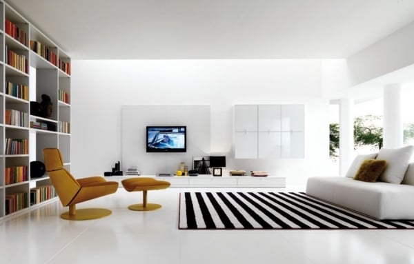Wohnzimmer Gestaltung-Regalsystem-schwarz-weiß Teppich