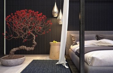 bonsai baum schlafzimmer idee modern gross pflanze monochrom