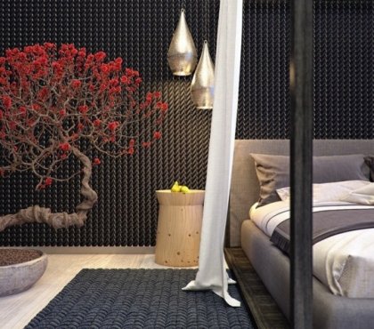 bonsai baum schlafzimmer idee modern gross pflanze monochrom
