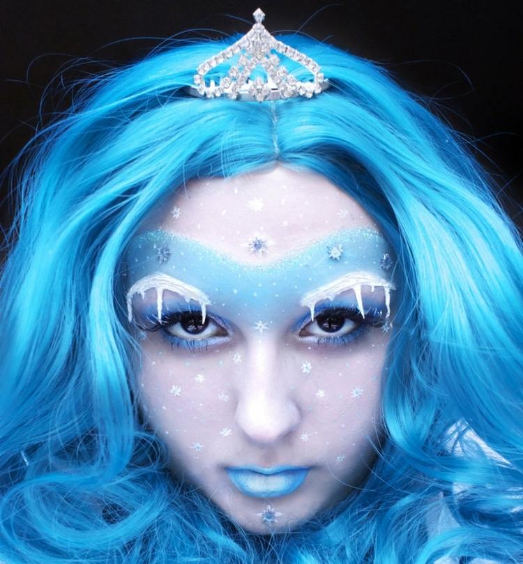 fasching karneval eiskoenigin idee blau peruecke krone schneeflocken