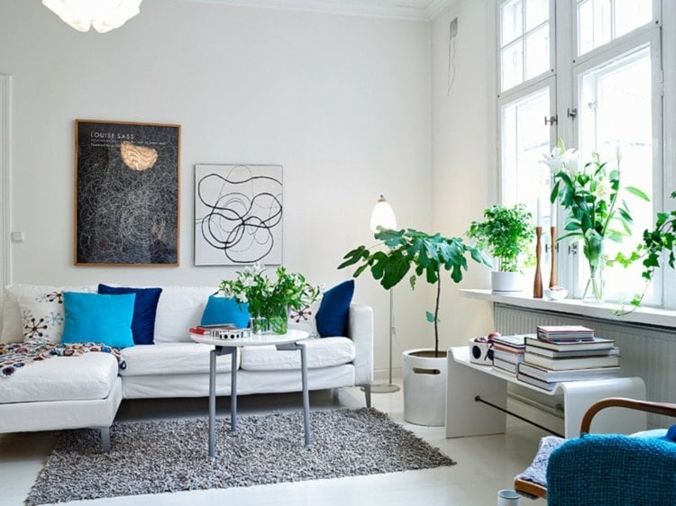 zimmerpflanzen wohnzimmer einrichtung weiss blau akzente grau teppich