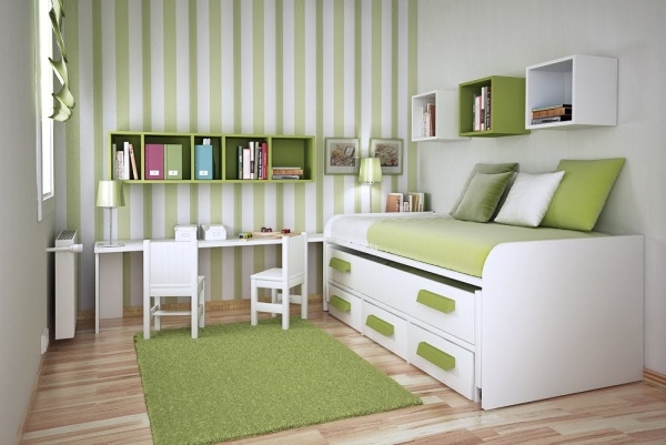Kinderzimmer grün Weiß Hochbett-Weiße Stühle Schreibtisch
