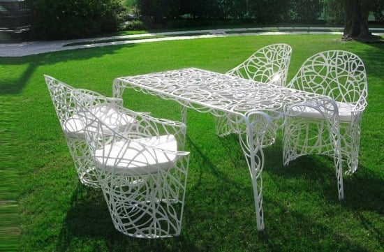 Retro Geschwungene Kurven Metall-Gartenmöbel weiß Tisch Stühle