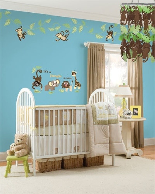 babyzimmer deko affen kronleuchter blau grün