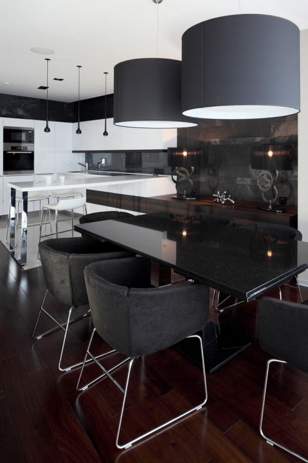 essbereich küche kontrast schwarz weiß modernen appartement
