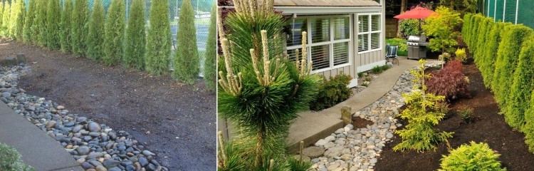 Gestaltungsideen für Terrasse -garten-pfad-haus-zaun-zypresse-pflanzen-steine-busche-haus