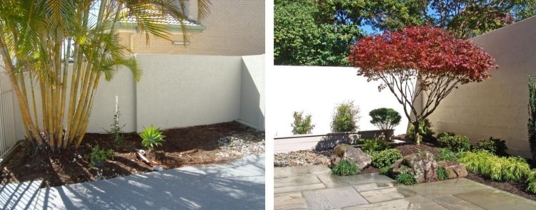 Gestaltungsideen für Terrasse -garten-terrasse-baum-sichtschutz-mauer-steine-pflanzen-erde