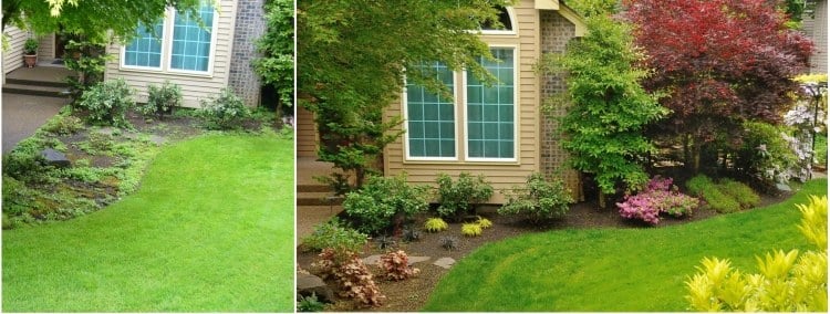 Gestaltungsideen für Terrasse -garten-vorgarten-haus-fenster-rasen-baeume-pflanzen-busche
