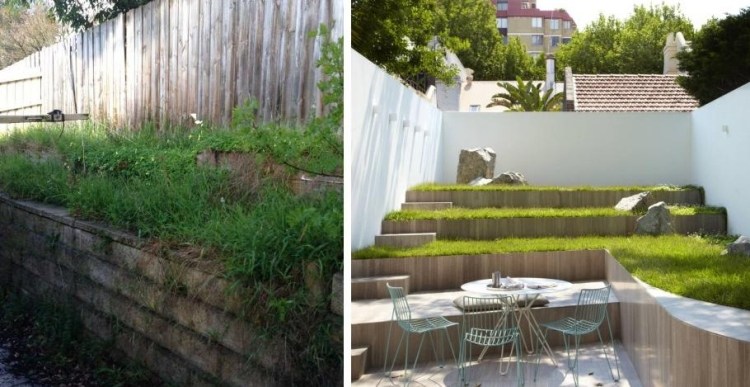 Gestaltungsideen für Terrasse -terrasse-rasen-mauer-sichtschutz-stufen-aussen