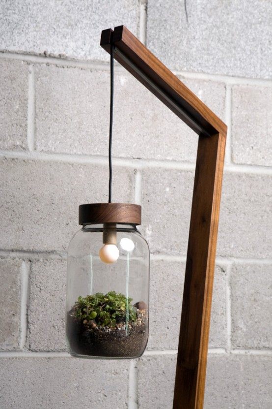 idee beleuchtung lampenschirm als terrarium holzständer