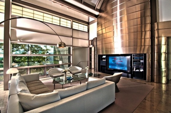 moderne luxushaus aus stein und glas lounge