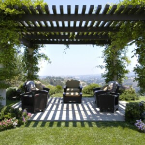 pergola im garten romantisch schwarz modern kletterpflanzen rattan moebel