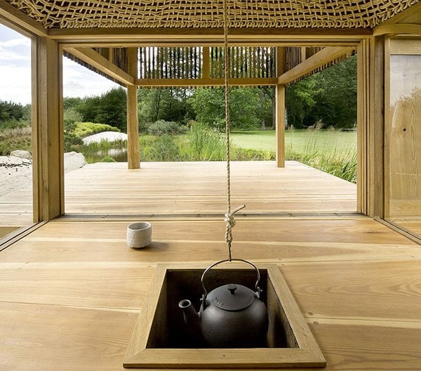teehaus konstruktion im japanischen stil feuerstelle