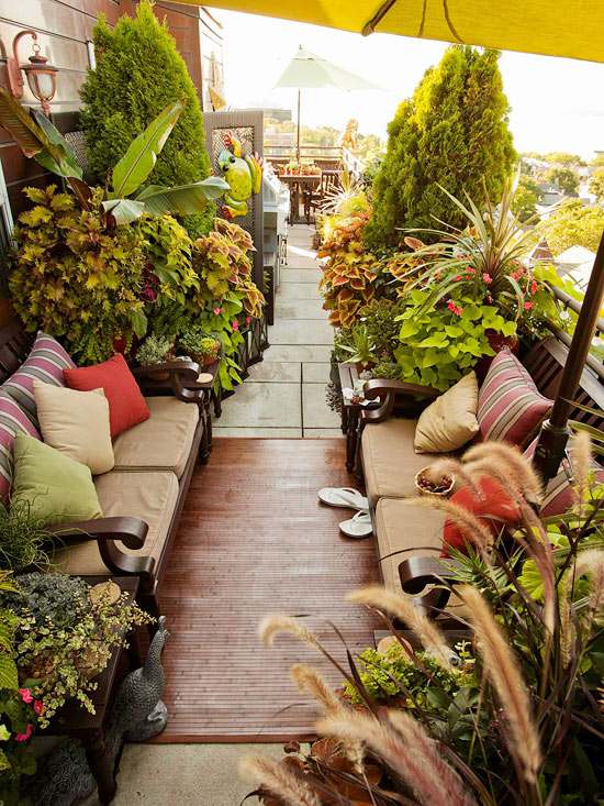 terrasse garten üppige bepflanzung sichtschutz privatsphäre