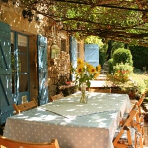 terrasse im garten mediterran stil esstisch fensterlaeden blau ueberdachung pflanzen