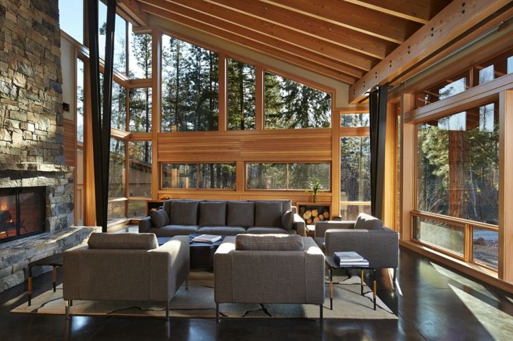 verglaste terrasse modern design rustikal dachschraege teppich grau moebel