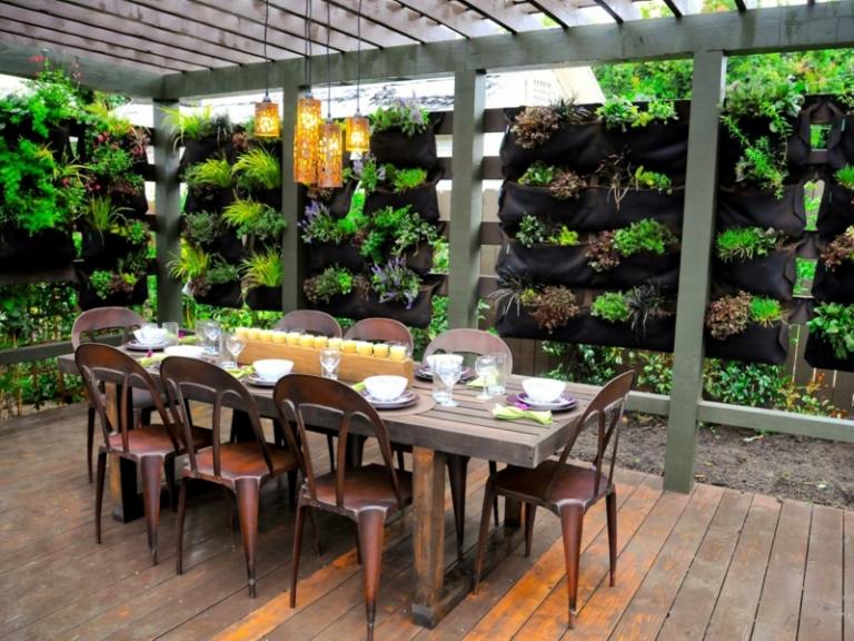 vertikale gärten taschen textil esstisch terrasse holz pergola
