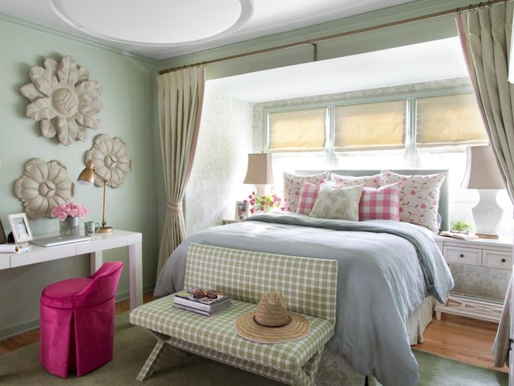 wohnideen-fruehlingsdeko-ideen-schlafzimmer-karos-pastellfarben-gruen-rosa-weiss