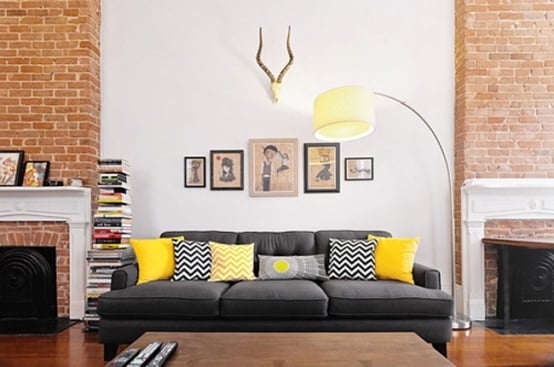 Deko Ideen Wohnzimmer gelb-weiß-schwarz Muster