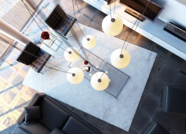 Einrichtung Ideen Wohnzimmer Pendelleuchten-Sofa-Set weißer Teppich