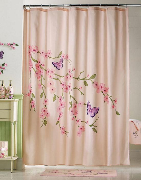 Frühling ins Haus bringen badvorhang rosa blüten schmetterlinge