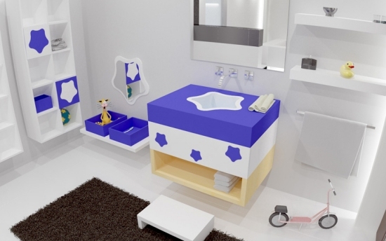 Kinder Badezimmer flauschiger Teppich-niedliges Waschbecken blau weiß