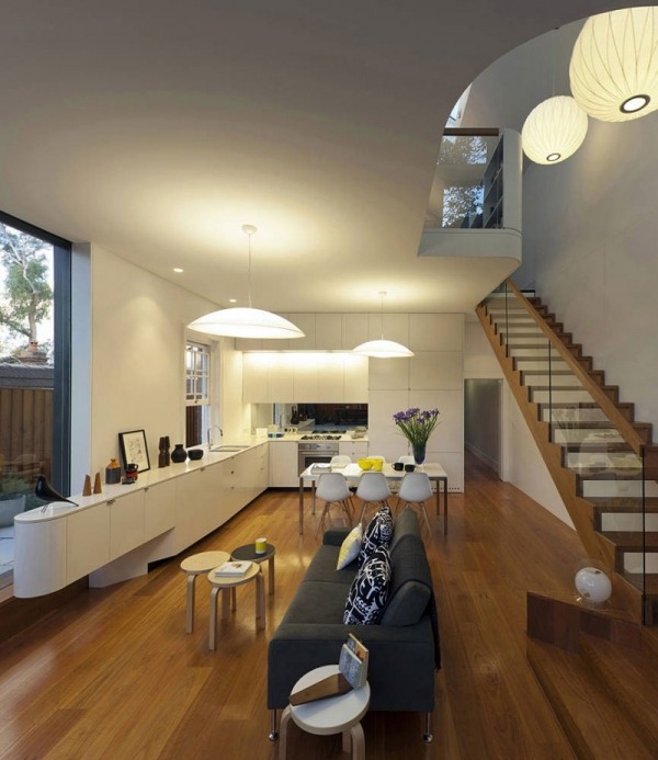 Loft-Haus Holzboden Küche Sitzmöbel Treppen Design