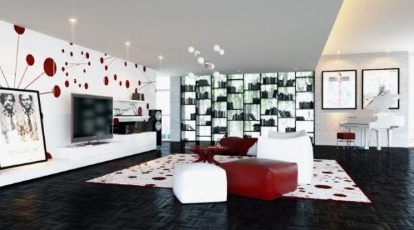 Modernes Wohnzimmer-rote Farbakzente-weiß-schwarz