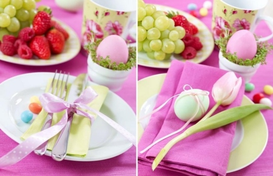 Schöne Osterdeko Tisch rosa Tischdecke-Tulpe Serviette Schleife